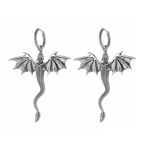 HZMAN Dragon Dangle Drop Earrings for Men Stainless Steel Gothic Punk Dragon Earring Hinged Huggie Hoop Earring Jewelry Gift