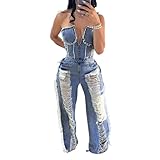 CFDRFGH Summer Ripped Strapless Denim Jumpsuit Women's Wide Leg Washed Jeans Rompers Deep V Neck Back Zipper Overalls