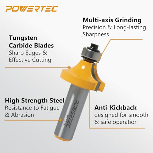 Image of POWERTEC Roundover Router Bit with Top Bearing, 1 /2 inch Shank, 1-1 /4 inch, 3 /8 inch Radius, Tungsten Carbide Tipped Woodworking Router Bits for use on Router Tool for Wood and DIY Projects, 2PK (73049-P2)