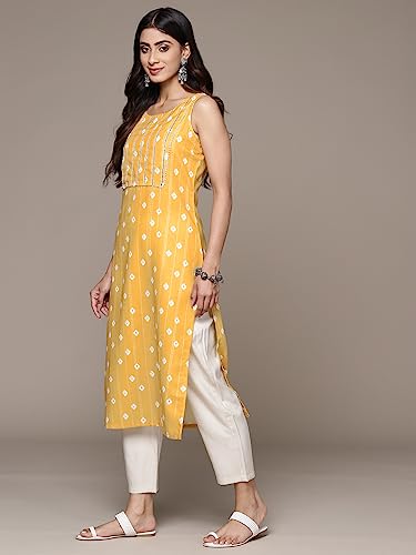 Image of ishin Women's Silk Ethnic Motifs Mustard Straight Kurta