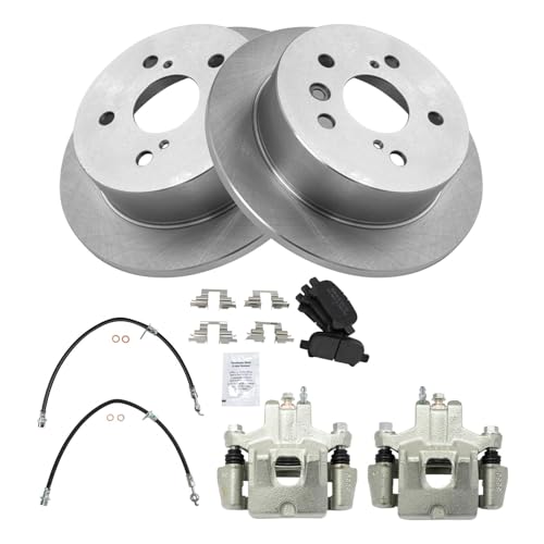 Image of TRQ Rear Brake Pad and Rotor Set Semi Metallic Calipers Hardware | For 2005-2007 Toyota Avalon 2002-2006 Camry 2004-2008 Solara