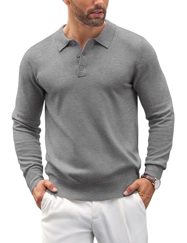 COOFANDY Pull Homme Polo Pullover Tricot à Col Sweater Manches Longues Pulls Casual Sweatshirts Couleur Unie Hiver Marque Chaud Hauts Gris L
