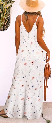 Image of Bluetime Women Summer Spaghetti Strap Maxi Dress V-Neck Sleeveless Flowy Boho Floral Beach Long Dress with Pockets