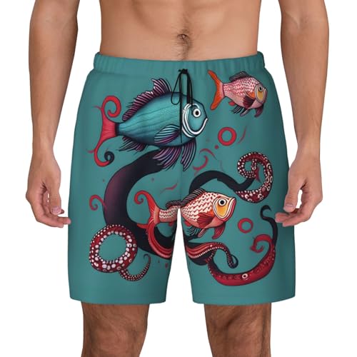 Men's Fish and Octopus Print Quick-Dry Mesh Swim Trunks Stretch Lining Beach Shorts Surfing Summer Vacations2