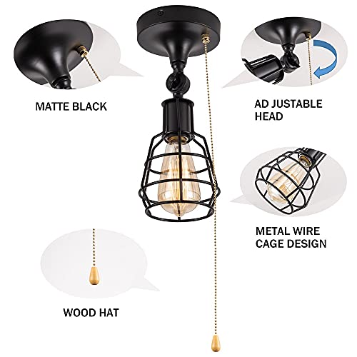 Industrial Farmhouse Close To Ceiling Light With Pull Chain 1 Light Black Semi Flush Mount Ceiling Light Adjustable Metal Cage Directional Wall Sconce Wall Lamp With Pull String For Kitchen Laundry #TOP4