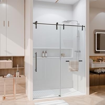Shower Door 56-60" W × 76" H Glass Shower Door,Frameless Shower Door with Handle and Seal Strip for Waterproof,Sliding Shower Door in Stylish and Modern,Black