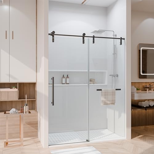 Shower Door 56-60" W × 76" H Glass Shower Door with 5/16"(8mm) Clear Tempered Glass,Frameless Shower Door with Handle and Seal Strip for Waterproof,Sliding Shower Door in Stylish and Modern,Black