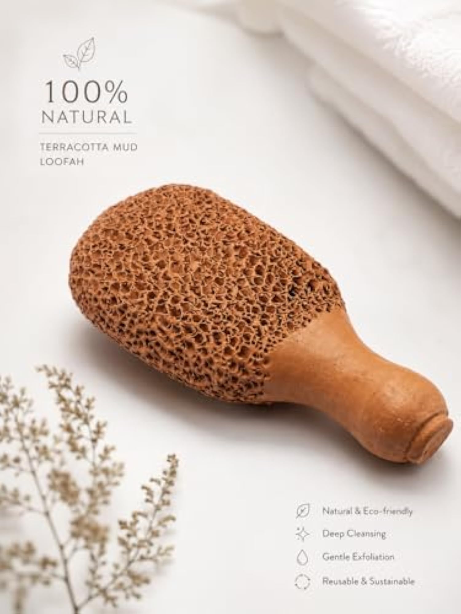 Terracotta Mud Loofah with Handle, Natural Exfoliating Scrubber