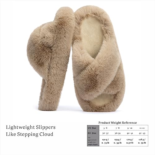 Chantomoo Women's Cross Slippers Memory Foam House Bedroom Slippers for Women Fuzzy Plush Comfy Faux Fur Lined Slide Shoes Anti-Skid Sole Trendy Gift Slippers Light Brownsize 9 10 8.5 by Chantomoo - Used condition - Image 3