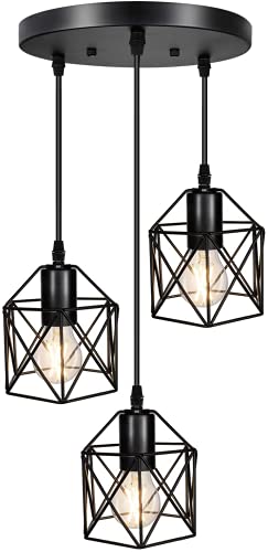 Vintage 3-Lights Ceiling Lamp Adjustable Hanging Pendant Lights Industrial Flush Mount Ceiling Lighting Fixture E27 Base Black Geometric Ceiling Hanging Lamp for Kitchen Dinning Room Hallway