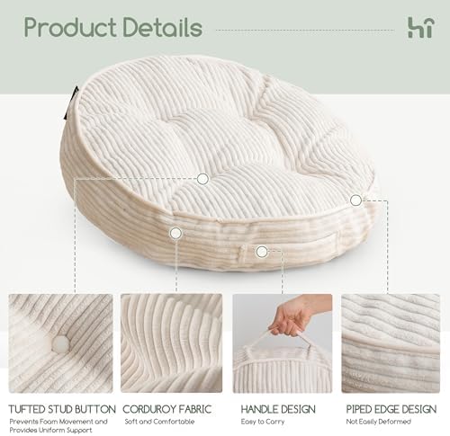 HIGOGOGO Washable Floor Pillow Cushion for Adults, Meditation Cushion Pillow, Large Round Floor Sitting, Removable Tufted Corduroy Cover, for Tatami Living Room or Yoga, 22x22 Inch, Machine Washable