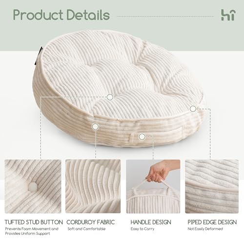 HIGOGOGO Washable Floor Pillow Cushion for Adults, Meditation Cushion Pillow, Large Round Floor Sitting, Removable Tufted Corduroy Cover, for Tatami Living Room or Yoga, 22x22 Inch, Machine Washable