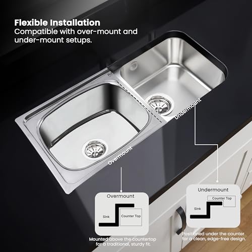 Image of Ruhe Oval Double Bowl 45x20x9 inches 304 Grade Kitchen Sink | 304 Grade Stainless Steel Oval Double Bowl Kitchen Sink | Glossy Finish | Sink Coupling and Waste pipe