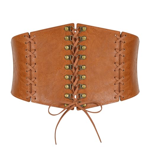 LEACOOLKEY Women's Wide Corset Belt - Vintage Elastic Waist Lace-up Tied Waspie for Dresses and Halloween Costume