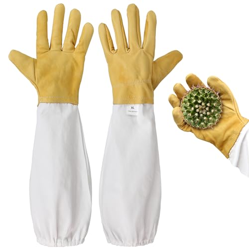 1 Pair Cactus Handling Proof Gloves, Rose Thorn Pruning Gloves, 18'x4.7' Long Gardening Gloves, Breathable Leather, Adjustable Sleeve Cuff, Comfy Gauntlet for Yard Garden Work Protection for Women Men