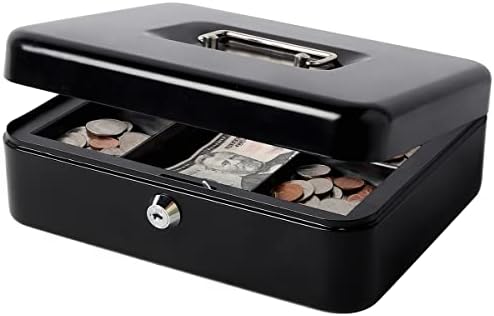 Metal Cash Box with Money Tray, Decaller Money Box with Key Lock for Security, Black, 9 4/5" x 7 4/5" x 3 1/2"