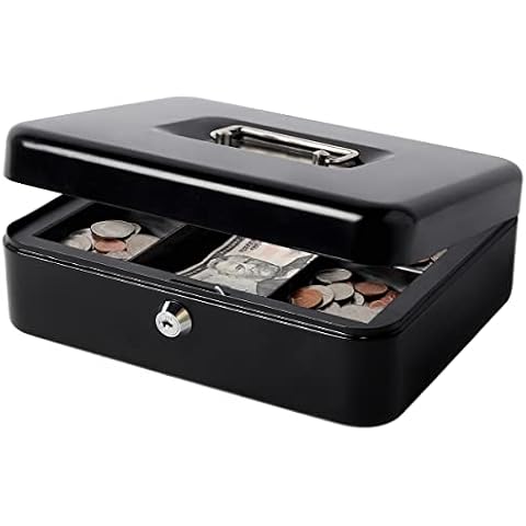 Metal Cash Box with Money Tray, Decaller Money Box with Key Lock for Security ,Black, Medium,9 4/5" x 7 4/5" x 3 1/2" Cover