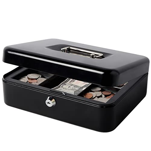 Metal Cash Box With Money Tray, Decaller Money Box With Key Lock For Security, Black, 9 4/5" X 7 4/5" X 3 1/2" #TOP3