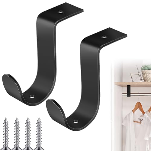 Hicarer 2 Pcs Closet Rod Brackets Metal Black 1.5 Inch