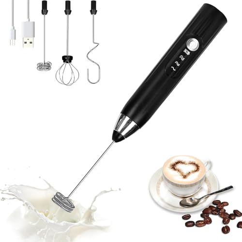 HUSIVZI Espumador de Leche, Batidora de Mano Recargable por USB, Batidora 3 en 1, Batidor de Velocidad Regulable en 3 Posiciones, Batidora de Leche Espuma Apto para Café, Café con Leche, Capuchino,