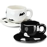 Havawish Set of 2 Halloween Ceramic Mug with Saucer, Bat Ghost Cups