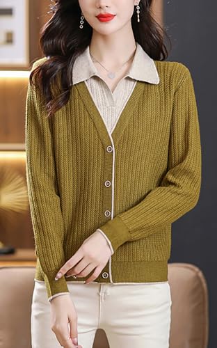 LAI MENG FIVE CATS Women's Fall Sweaters Tops Lapel V Neck Ribbed Knit Color Block Soft Pullover Shirt2