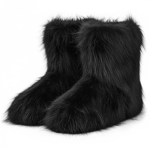 QLR Faux Fur Boots for Women Furry Fuzzy Fluffy Boots Round Toe Mid-Calf Winter Snow Boots Comfortable Outdoor Flat Shoes