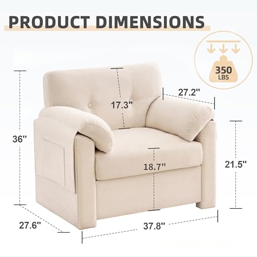 Image of Howjoe Chenille Oversized Armchair, 37.8 inch Wide Accent Chairs for Living Room & Bedroom Modern Lounge Chair, Upholstered Mid-Century Reading Chair with Arm Pocket, Comfy Living Room Chair, Beige