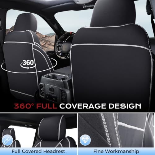 Image of Coverado Car Seat Cover Custom for Ford 2015-2026 F150 Crew Cab & 2017-2026 F250 F350 F450 Truck, Waterproof Stretch Fabric Full Set, Black & White Line
