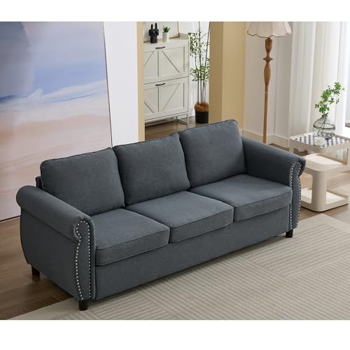 Image of Modern 3 Seat Sofa Couches with Pull Out Queen Memory Mattress Sleeper Bed, 2-in-1 Convertible 3 Seater Sofa Couch W /Rivet Decor and Scroll Armrests for Home Apartment