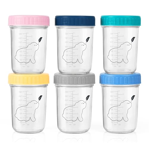 Budding Bear Recipientes de Cristal para Alimentos Bebé 240 ml (6 Uds.) - Tarros de Cristal con Tapa - Lavable a Mano, Apto con Congelador y Microondas (Sin Tapa) - Sin BPA, Ftalatos, Plomo, PVC