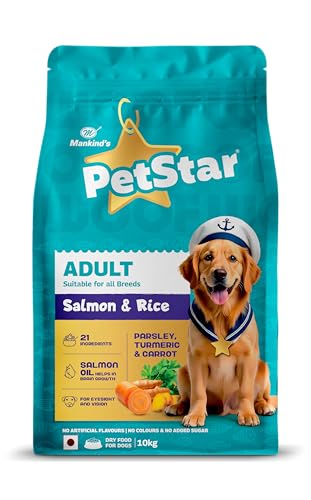 Image of Mankind Petstar Adult Dry Dog Food (High Protein) Salmon & Rice Flavor, 10 kg Pack | Improves Muscle & Strength, Supports Immunity, Protects Liver & Kidney