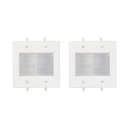 Dual Gang Brush Wall Plate White Built in Low Voltage Mounting Bracket for Cables Pass Through (White) (2 Pack)