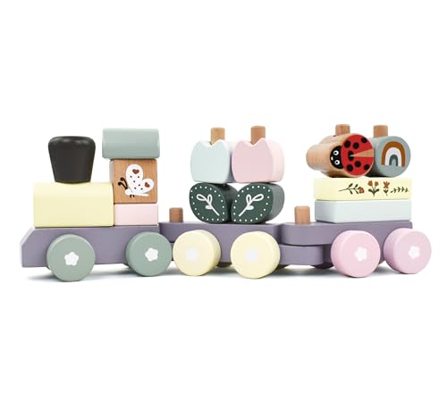 Image of Pillowhale Wooden Stacking Train Toy Set,Wooden Building Blocks Train with Shape Sorter Early Learning Gift for Toddlers Boys Girls 12 Months and up