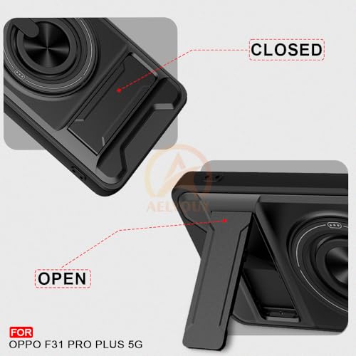 Image of Oppo F31 Pro Plus 5G Back Cover | Armor Camera Slider 360 Degree Rotating Finger Ring Holder Case with Bracket Stand Back Case Cover (Compatible with MagSafe Accessories) (Black)
