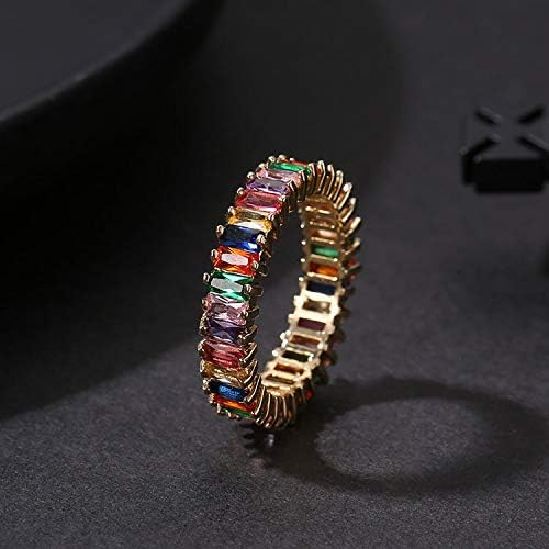 Rainbow Square Baguette Zircon Engagement Ring Colorful Cubic Zirconia Stackable Eternity Band Ring Gold Filled Copper Geometric Thin Line Multicolor Pava CZ Finger Ring for Women Girl Party Jewelry - Image 5