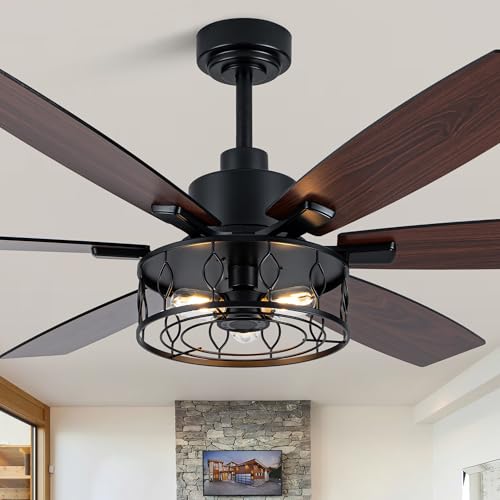 Image of Dawn Whisper Black Ceiling Fans with Lights 60 Inch Farmhouse Ceiling Fan with Remote Quiet Reversible DC Motor 6 Speeds 8 Blades Large Industrial Chandelier Fan for Living Room Bedroom