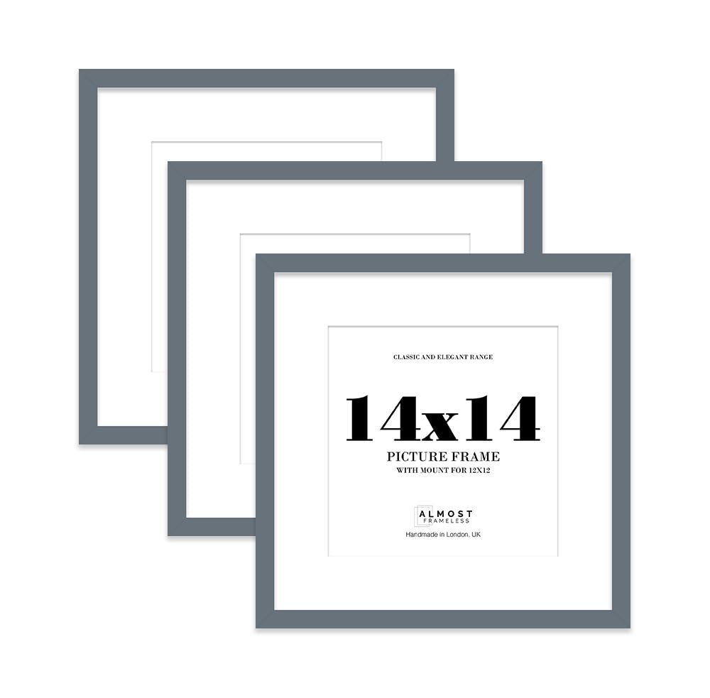 14x14 Grey Picture Frame with Mount for 12x12 Photos, Prints - Modern Square Wall Frame, Set of 3