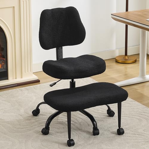Image of Ergonomic Criss Cross Legged Office Chair, ADHD Chair, Wide Height Adjustable Seat 360 Swivel Footstool with Wheels, PU Leather Meditation Kneeling Chair, for The Restless Home Workers, Black