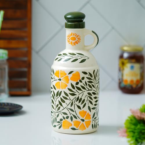 Image of Ceramic Oil Dispenser Bottle 1000ml, Hand Painted Oil Bottle for Kitchen, Olive Oil & Vinegar Dispenser, Refillable Cooking Oil Container with Lid, Green Yellow Floral Design