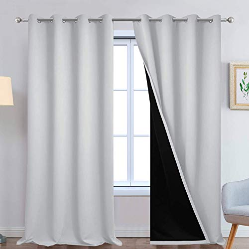 Image of Yakamok 100% Blackout Curtains 108 Inches Long, 2 Thick Layers Thermal Insulated Curtain Panels for Bedroom, Full Light Blocking Drapes with Black Liner (52 inch Wide Each Panel, Light Grey, 2 Panels)