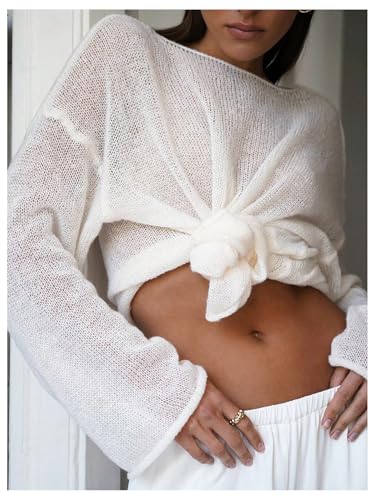 Women's Sheer Mesh Long Sleeve Tops Boat Neck See Through Lightweight Sweater Crochet Knit Tops3