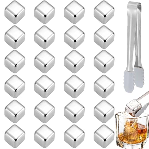 Lot de 24 Glaçons en Acier Inoxydable Glacon Reutilisable Avec Clip Glaçon Reutilisable Sans dilution Pierre A Whisky Glacon Reutilisable pour Whisky, Vin, Jus de Boisson Ou Limonade, Argent