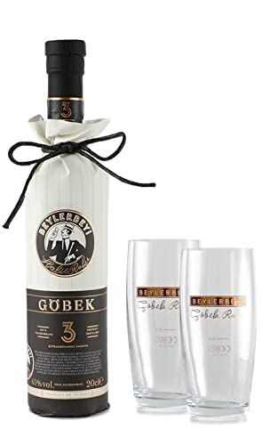 Beylerbeyi - Lot de 1 Bouteille de Göbek Raki de 70cl + 2 Verres à Raki | Eau de Vie Turque Aromatisée à l'Anis - 100% Raisins Frais - Sans Sucres Ajoutés