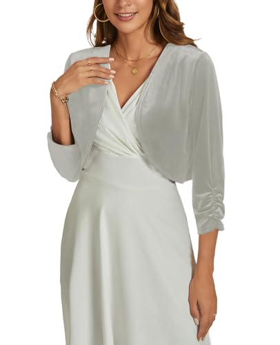 Image of Womens Velvet Bolero Shrug Elegant Open Front Ruched 3 /4 Sleeve Cocktail Party Cropped Cardigan