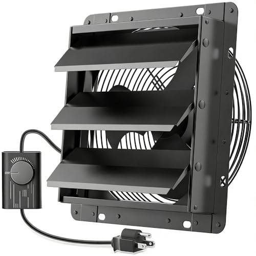 Upgraded 10 Inch Shutter Exhaust Fan with Speed Controller, 647 CFM High-Speed Vent Fan, Wall Mounted Attic Fan for Shed, Garage, Greenhouse Ventilation, Black by HG Power - Used condition - CA$73.69