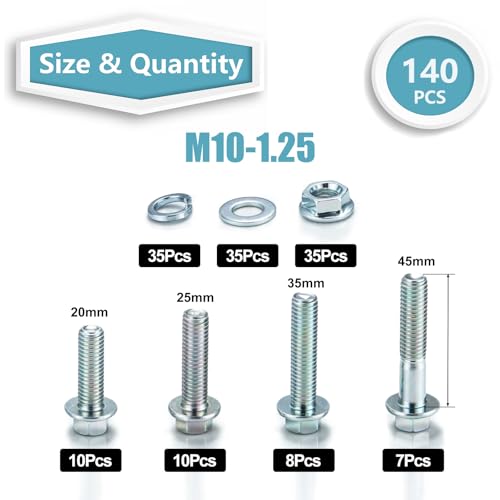 Image of Kadrick 140Pcs Flange Hex Bolts and Nuts Kit,M10 x1.25(M6-1.0 M8 x1.25 Available) (20mm to 45mm) Metric Bolt Assortment,Alloy Steel Class 8.8 Zinc Plated