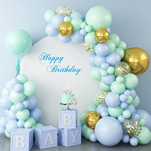 Domgoge Pastel Mint Green and Blue Balloons Garland Arch Kit with Metallic Gold 4D Globos Foil Balloon Gold Confetti Tea Baby Green Light Blue l Kid Birthday Party Decorations Supplies Baby Shower