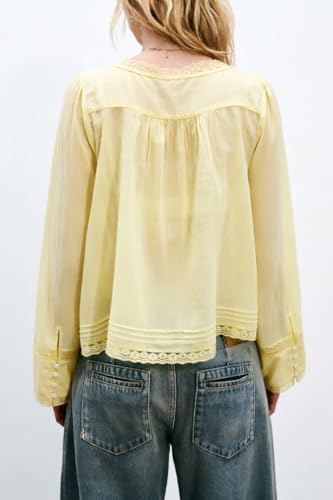 Image of Women Summer Sheer Tie Front Top Y2k Peplum Chiffon Blouse Eyelet Long Sleeve Flowy Lace Beach Cover Up Boho Tops