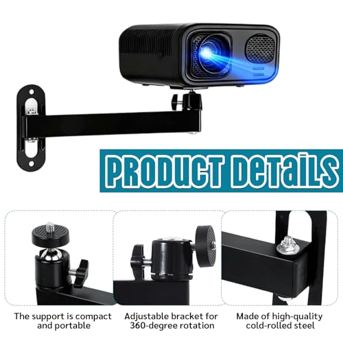 BJHYIZ Beamer Halterung Wand, Schwarz Faltbare Beamer Wandhalterung Deckenhalterung Metall Projector Stand Schwenkarm Verstellbare 360° Drehbar mit 1/4 Gewinde für Kameras Projektoren